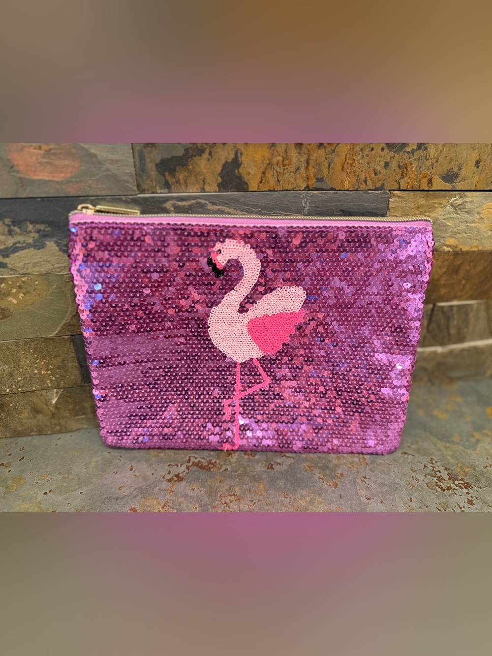 Pink Sequin Flamingo Zip Pouch Tarte Make Up Holder